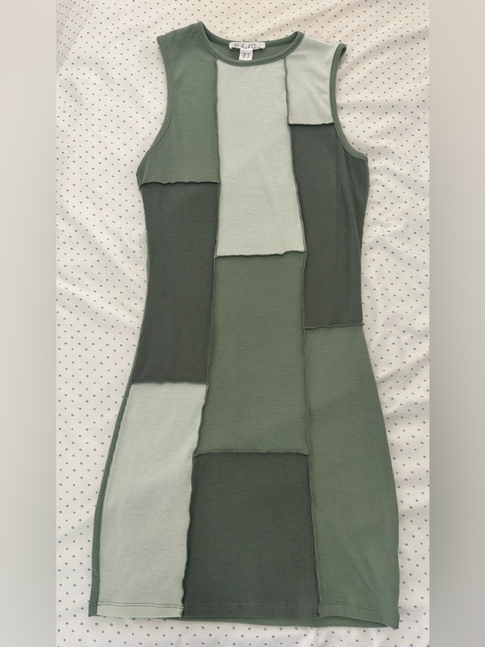 Birch & Stone Green Patchwork Bodycon Dress | Ribbed Knit | Colorblock | Size S